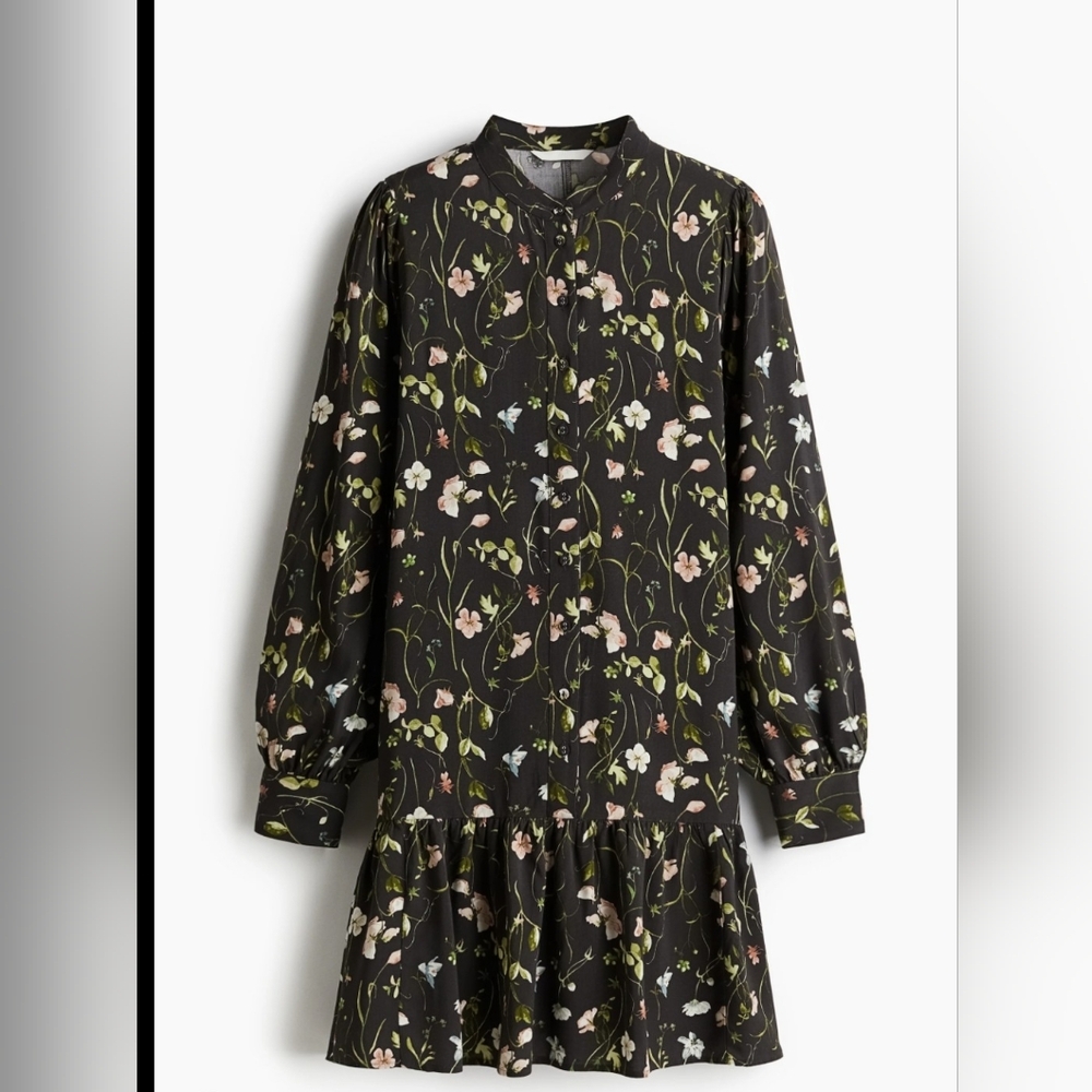 H&M Brown Floral Button-Front Long Sleeve Dress